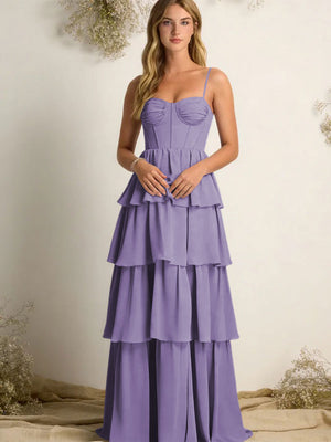 Chiffon Spaghetti Straps Layered Bridesmaid Dresses