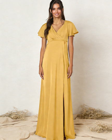 Chiffon V Neck Pleats Maxi Dresses with Sleeves