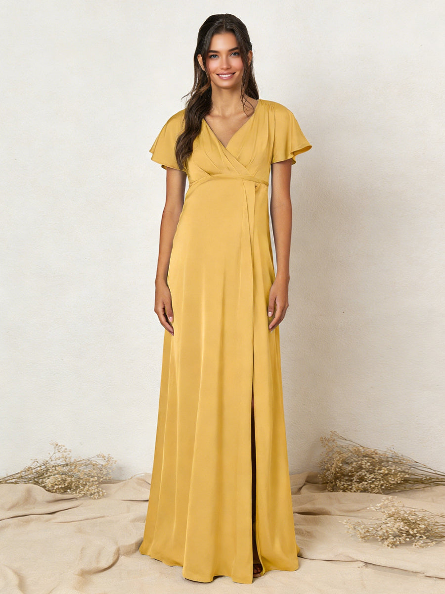 Chiffon V Neck Pleats Maxi Dresses with Sleeves