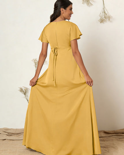 Chiffon V Neck Pleats Maxi Dresses with Sleeves
