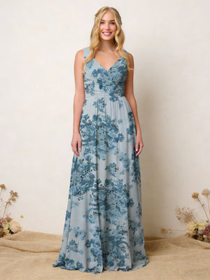 Floral V Neck Pleats A Line Wedding Guest Dresses