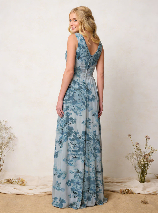 Floral V Neck Pleats A Line Wedding Guest Dresses