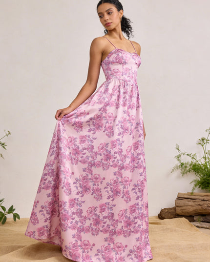 Satin Sweetheart Spaghetti Straps A Line Maxi Wedding Guest Dresses with Floral