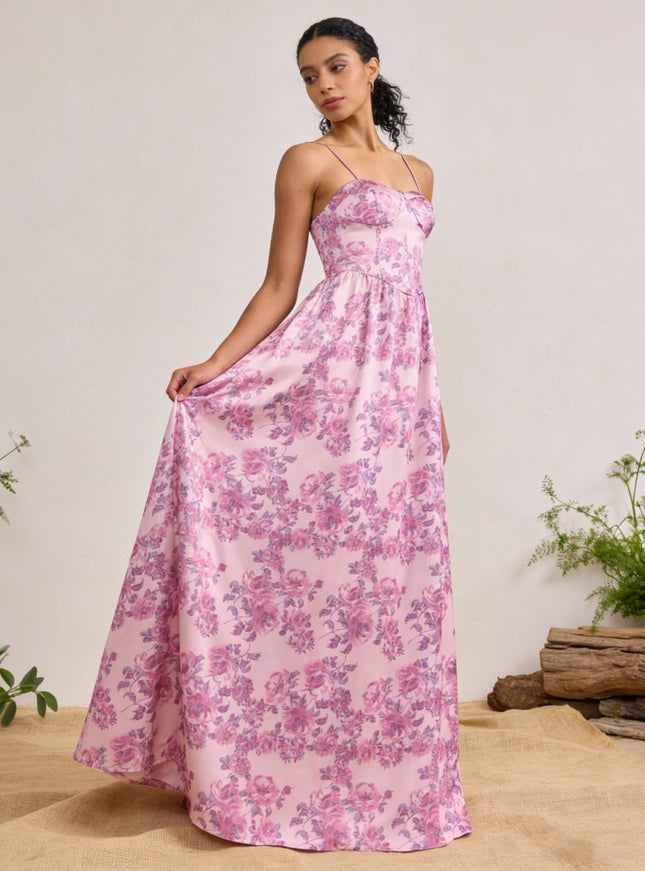 Satin Sweetheart Spaghetti Straps A Line Maxi Wedding Guest Dresses with Floral