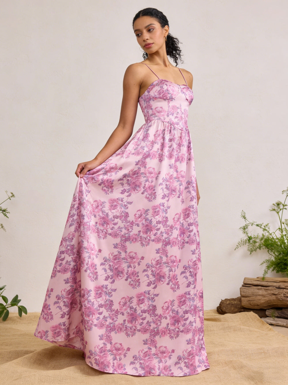 Satin Sweetheart Spaghetti Straps A Line Maxi Wedding Guest Dresses with Floral