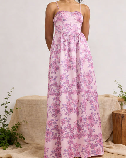 Satin Sweetheart Spaghetti Straps A Line Maxi Wedding Guest Dresses with Floral