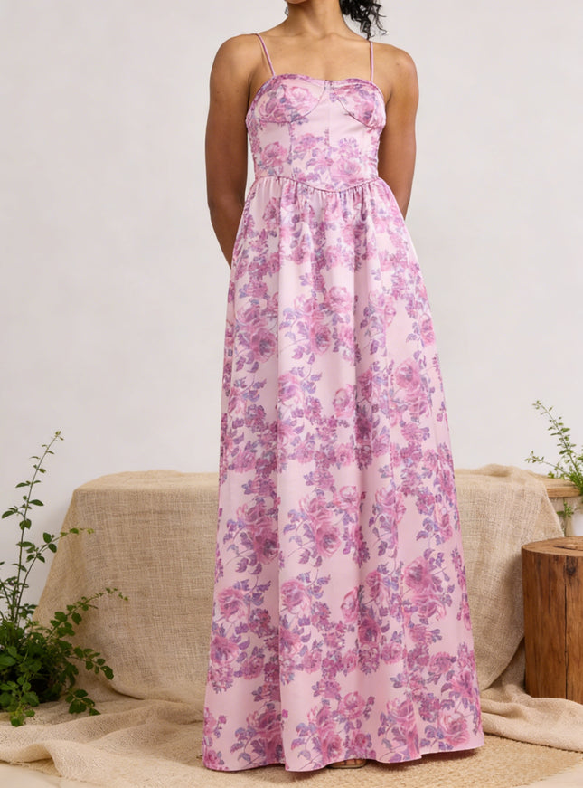 Satin Sweetheart Spaghetti Straps A Line Maxi Wedding Guest Dresses with Floral