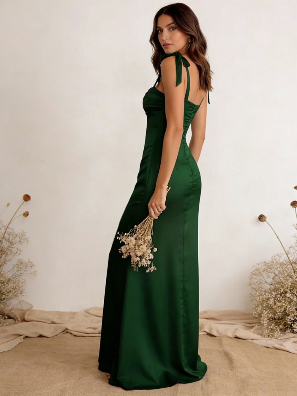 Satin Pleated Spaghetti Straps Mermaid Maxi Bridesmaid Dresses