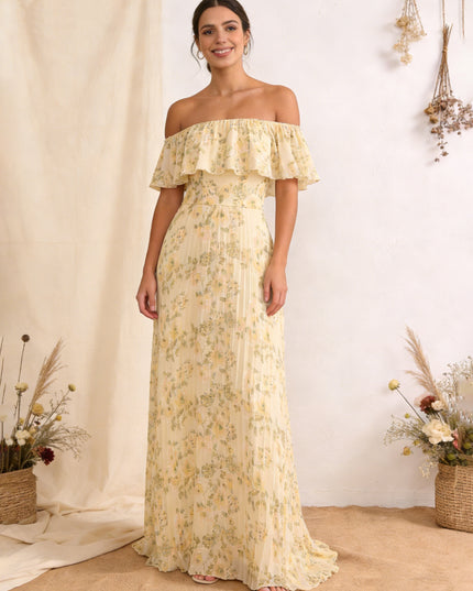 Chiffon Pleated Off the Shoulder Wedding Guest Dresses with Floral