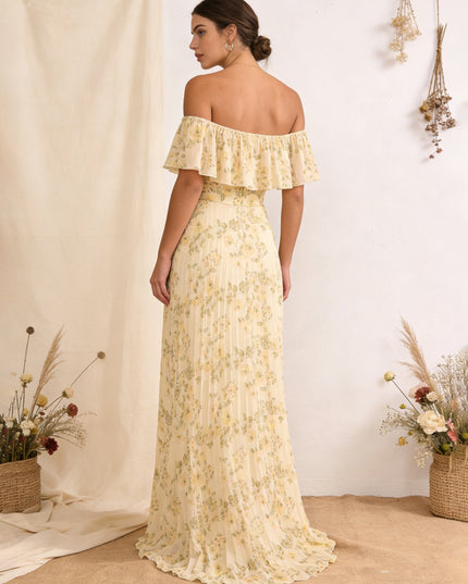 Chiffon Pleated Off the Shoulder Wedding Guest Dresses with Floral