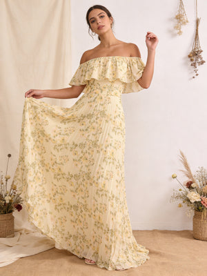 Chiffon Pleated Off the Shoulder Wedding Guest Dresses with Floral