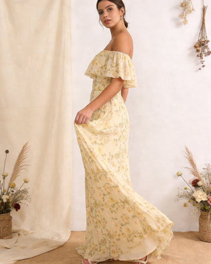 Chiffon Pleated Off the Shoulder Wedding Guest Dresses with Floral