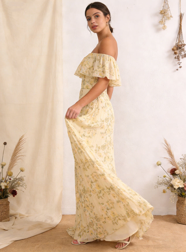 Chiffon Pleated Off the Shoulder Wedding Guest Dresses with Floral