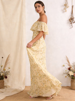 Chiffon Pleated Off the Shoulder Wedding Guest Dresses with Floral