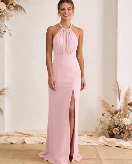 Satin Pleated Halter A Line Maxi Bridesmaid Dresses with Slit