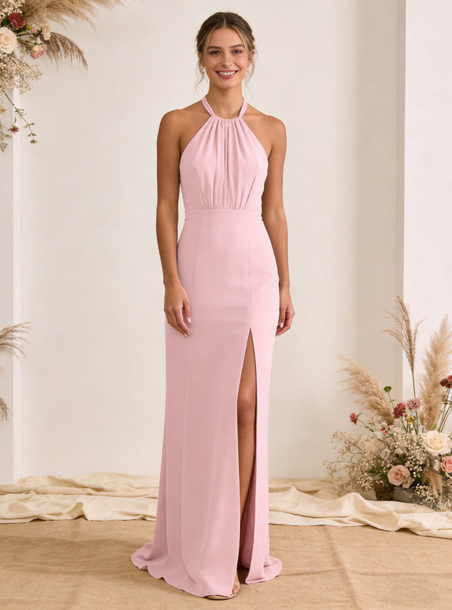 Satin Pleated Halter A Line Maxi Bridesmaid Dresses with Slit