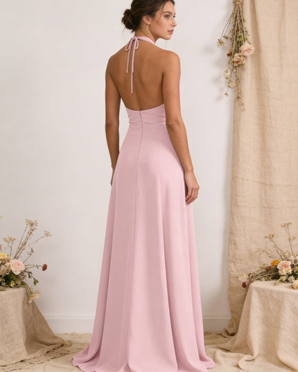 Satin Pleated Halter A Line Maxi Bridesmaid Dresses with Slit