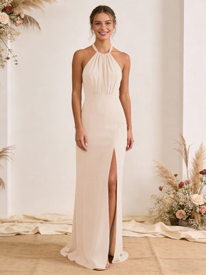 Satin Pleated Halter A Line Maxi Bridesmaid Dresses with Slit