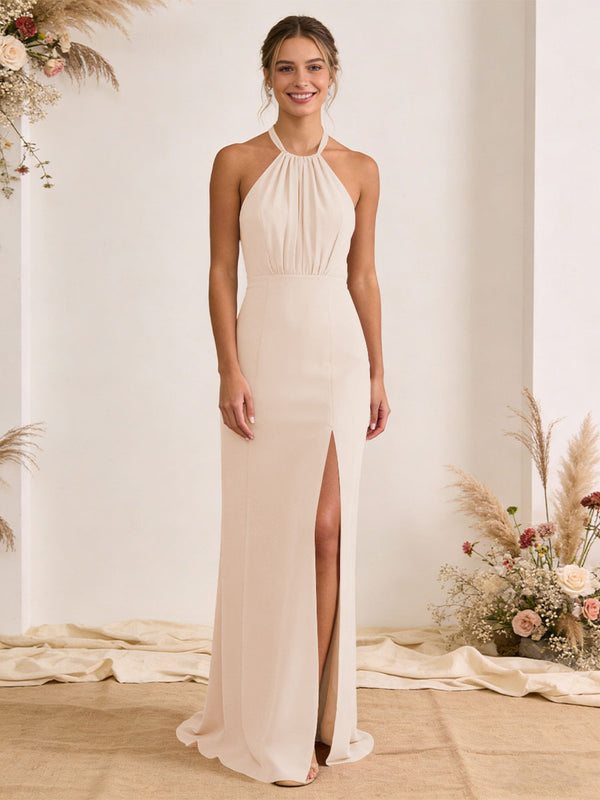 Satin Pleated Halter A Line Maxi Bridesmaid Dresses with Slit