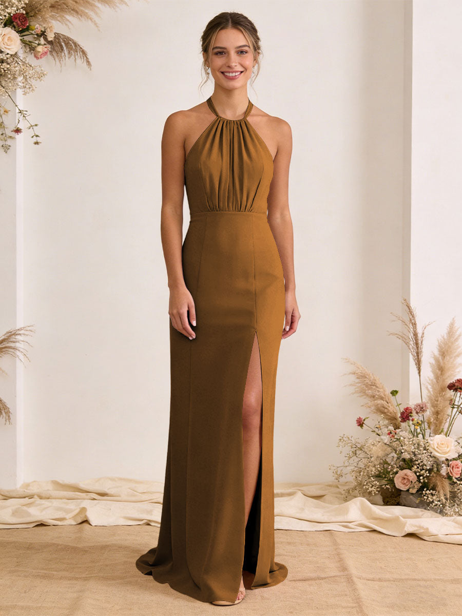 Satin Pleated Halter A Line Maxi Bridesmaid Dresses with Slit