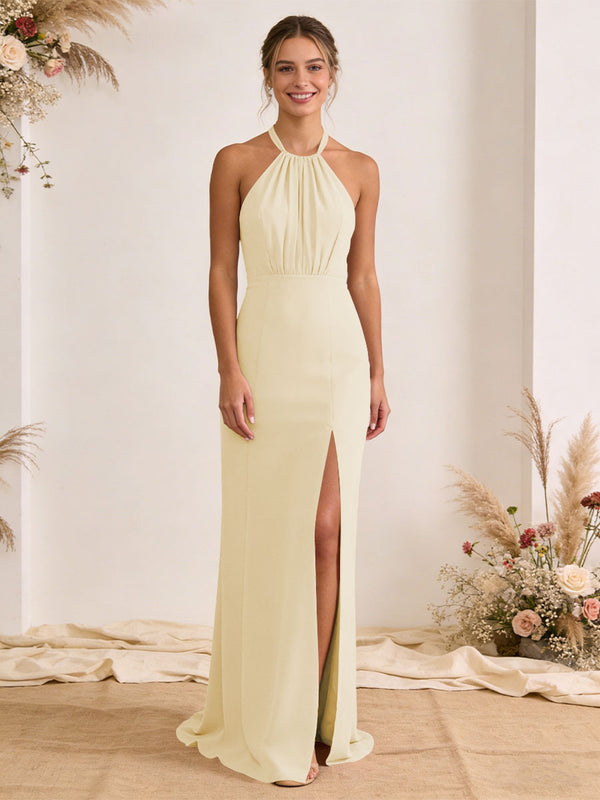 Satin Pleated Halter A Line Maxi Bridesmaid Dresses with Slit