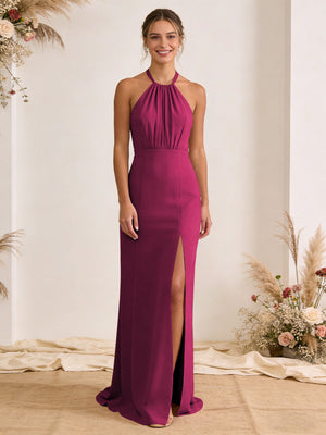 Satin Pleated Halter A Line Maxi Bridesmaid Dresses with Slit