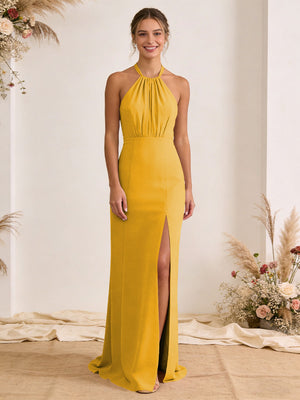 Satin Pleated Halter A Line Maxi Bridesmaid Dresses with Slit