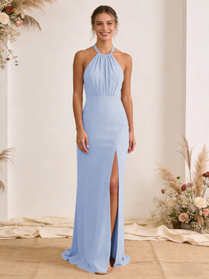 Satin Pleated Halter A Line Maxi Bridesmaid Dresses with Slit