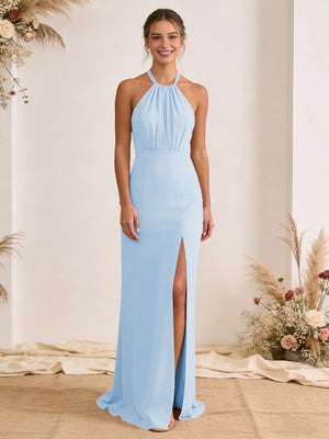 Satin Pleated Halter A Line Maxi Bridesmaid Dresses with Slit