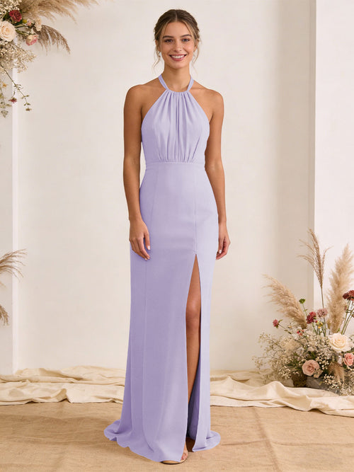 Satin Pleated Halter A Line Maxi Bridesmaid Dresses with Slit