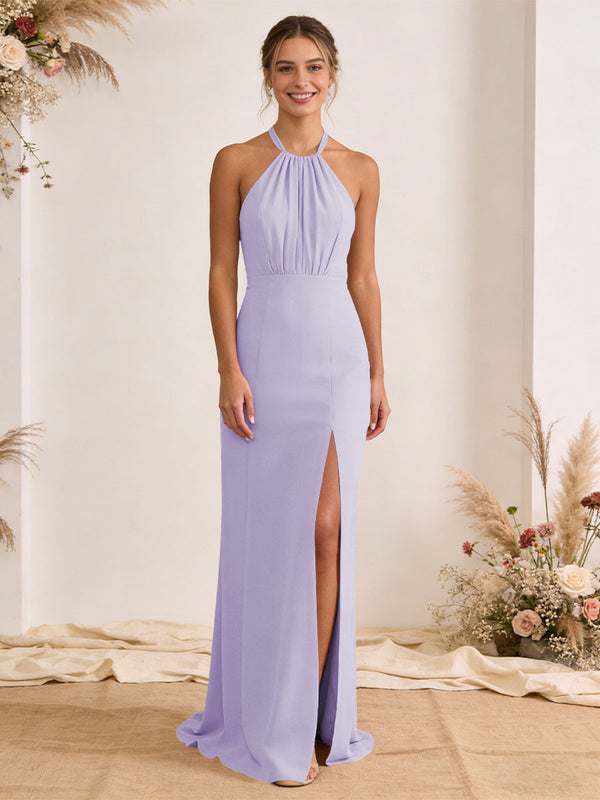 Satin Pleated Halter A Line Maxi Bridesmaid Dresses with Slit