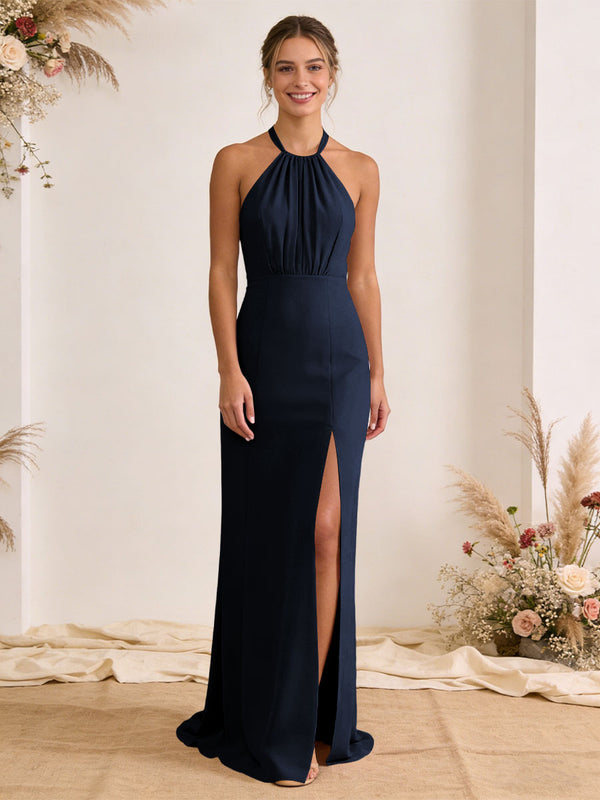 Satin Pleated Halter A Line Maxi Bridesmaid Dresses with Slit