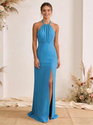Satin Pleated Halter A Line Maxi Bridesmaid Dresses with Slit