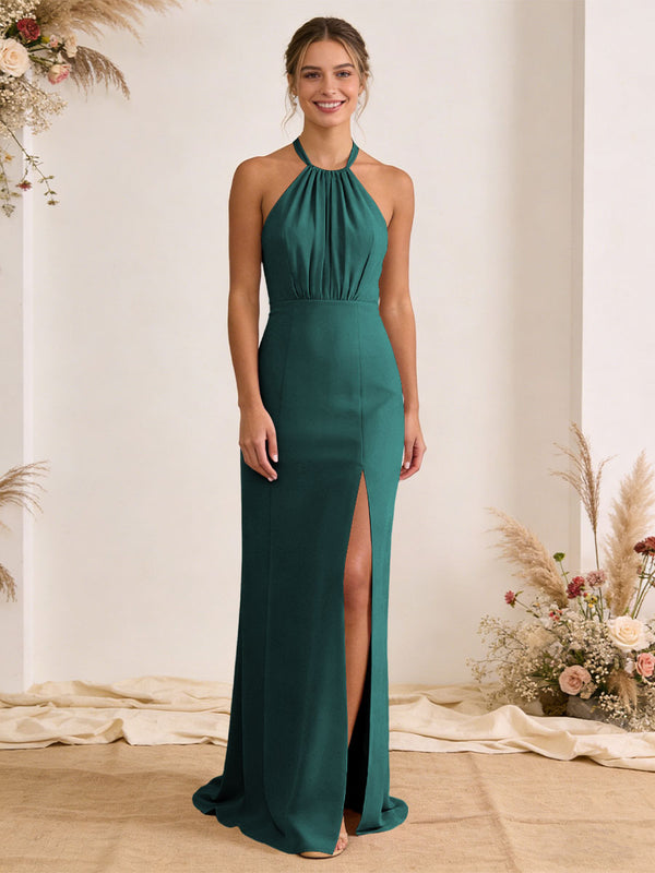 Satin Pleated Halter A Line Maxi Bridesmaid Dresses with Slit