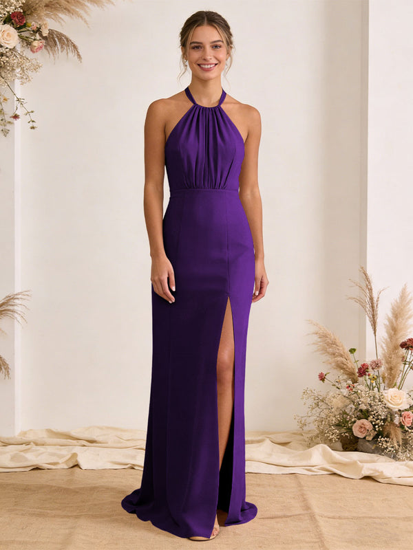 Satin Pleated Halter A Line Maxi Bridesmaid Dresses with Slit
