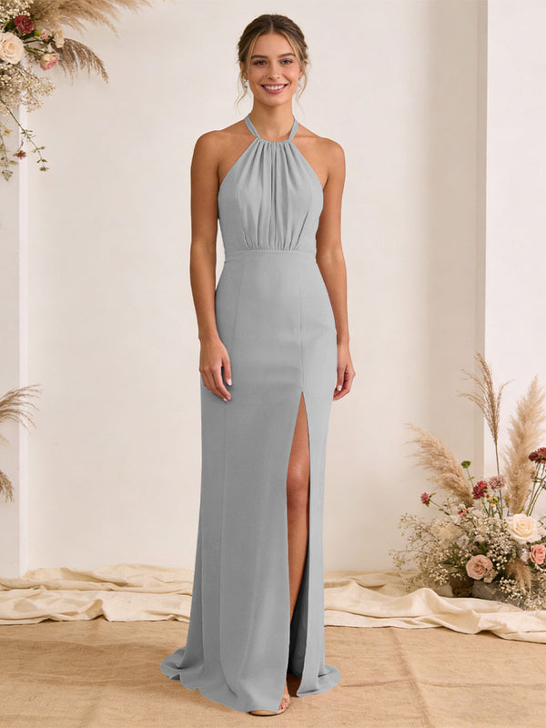 Satin Pleated Halter A Line Maxi Bridesmaid Dresses with Slit