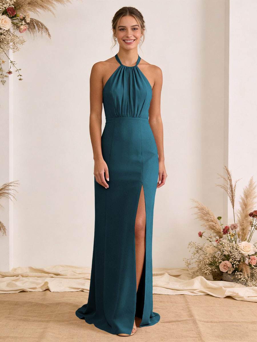 Satin Pleated Halter A Line Maxi Bridesmaid Dresses with Slit