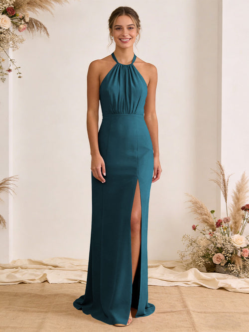 Satin Pleated Halter A Line Maxi Bridesmaid Dresses with Slit