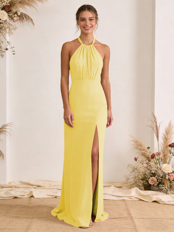 Satin Pleated Halter A Line Maxi Bridesmaid Dresses with Slit