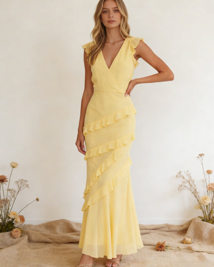 Chiffon Ruffled V Neck Mermaid Maxi Bridesmaid Dresses with Backless Design