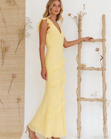 Chiffon Ruffled V Neck Mermaid Maxi Bridesmaid Dresses with Backless Design