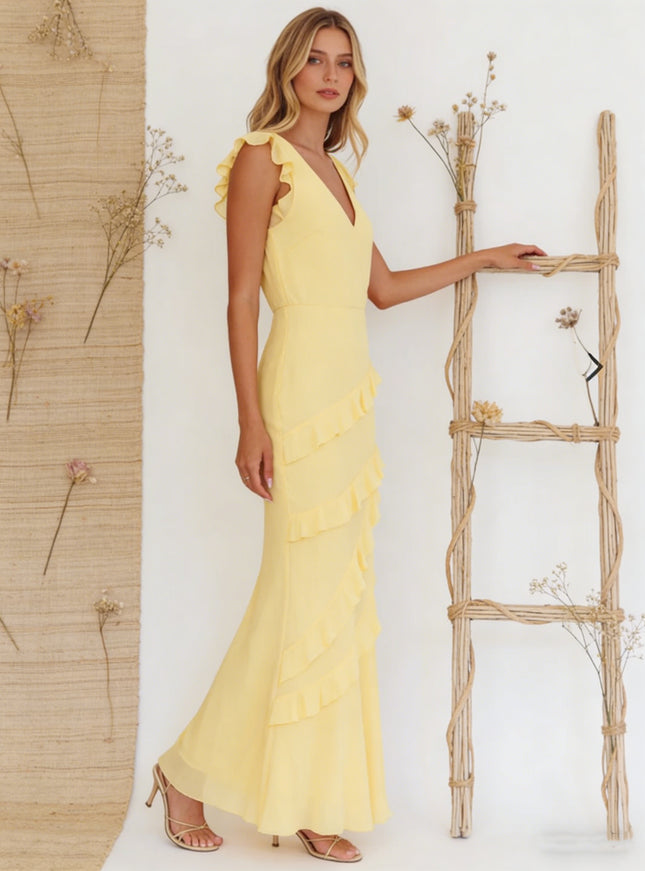 Chiffon Ruffled V Neck Mermaid Maxi Bridesmaid Dresses with Backless Design