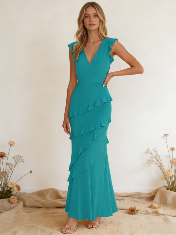 Chiffon Ruffled V Neck Mermaid Maxi Bridesmaid Dresses with Backless Design
