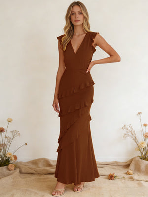 Chiffon Ruffled V Neck Mermaid Maxi Bridesmaid Dresses with Backless Design