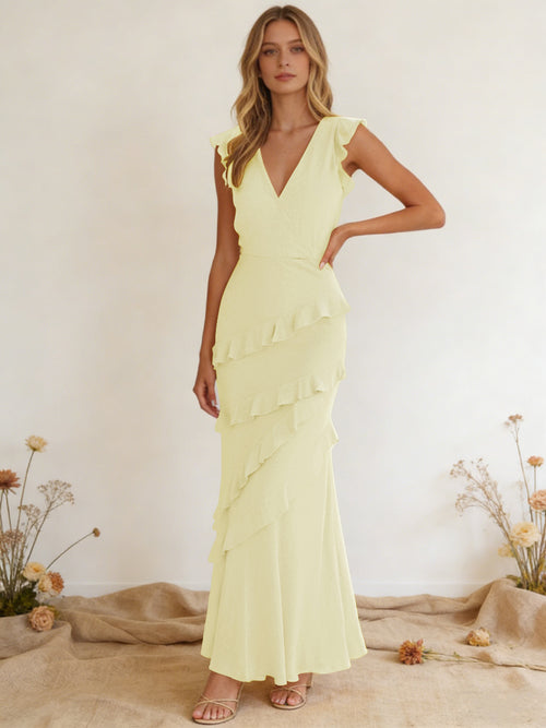 Chiffon Ruffled V Neck Mermaid Maxi Bridesmaid Dresses with Backless Design