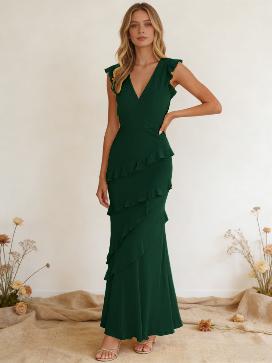 Chiffon Ruffled V Neck Mermaid Maxi Bridesmaid Dresses with Backless Design