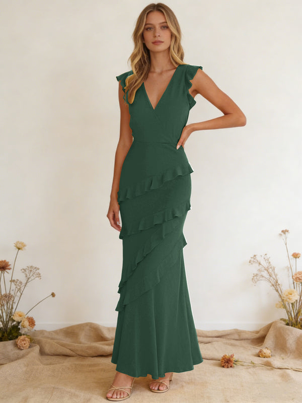 Chiffon Ruffled V Neck Mermaid Maxi Bridesmaid Dresses with Backless Design