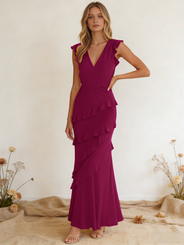 Chiffon Ruffled V Neck Mermaid Maxi Bridesmaid Dresses with Backless Design