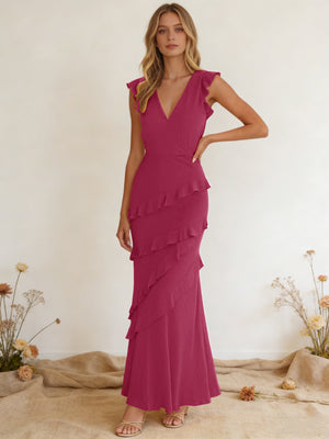 Chiffon Ruffled V Neck Mermaid Maxi Bridesmaid Dresses with Backless Design