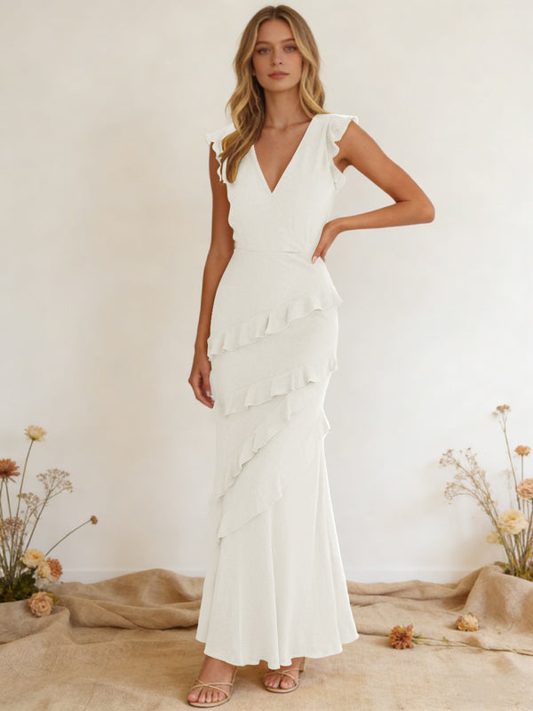 Chiffon Ruffled V Neck Mermaid Maxi Bridesmaid Dresses with Backless Design